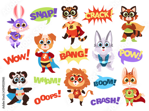 Superhero animals. Funny kids zoo heroes with capes and masks, comic whoops speech bubbles, lion and wolf, dog and tiger, panda and raccoon. Vector characters in comics costume isolated set