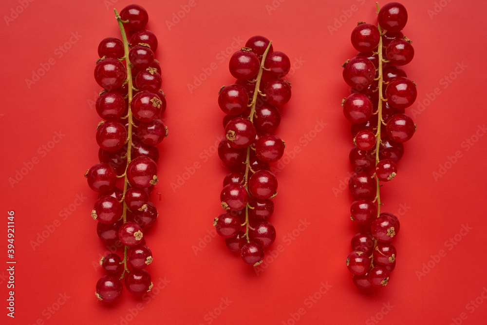 Creative layout made of red currant on colorful background. Flat lay. Food concept. Creative layout made of red currant on colorful background. Flat lay. Food concept.