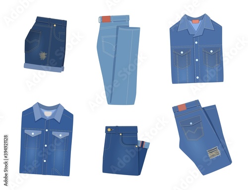 Folded denim clothes. Trendy various fashion jeans garment blue shorts, breeches and pants, jacket, shirt and overalls. Cotton stylish casual clothing collection vector isolated set