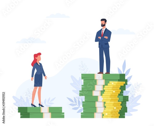 Gender gap. Man and woman standing on different heights dollar bills stack, inequality in salary, different opportunities in company, sexism and female discrimination vector concept
