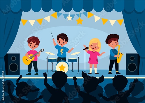 Kids music band. Children stage performance, girls and boys play musical instrument and sing on scene, musicians with guitar and saxophone, drums and microphone. Vector cartoon concept