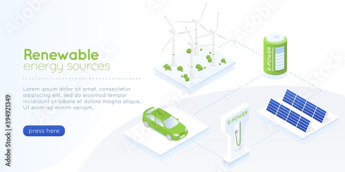 Isometric green energy landing page. Distribution alternative renewables electricity sun battery panel and windmill, power supply generation, save environment concept vector banner