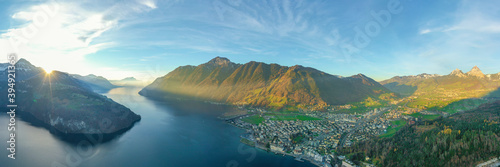 Panorama of Lake Lucerne and Alps mountains in Switzerland. City of Brunnen. Big Mythen 1898 m above sea level M. and Kleiner Mythen 1811