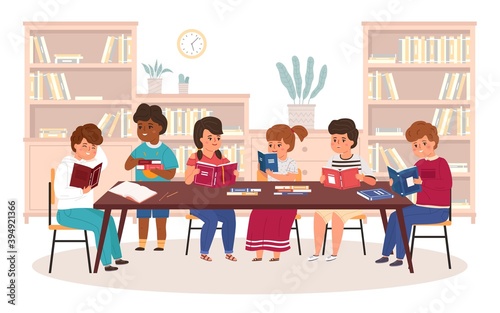 Kids in library. Boys and girls reading books at table, children get new knowledge, bookshelves in reading room interior. Childish bookstore or club concept vector illustration