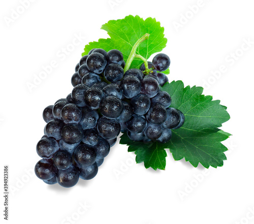 Bunch of black ripe grape green leaf isolated, white background with clipping path