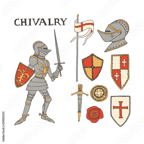 Medieval knight with a sword and shield. Knights armor equipment set including helmet, flag, shields. Male warrior taking part in a jousting or tournament. Chivalry and crusade concept