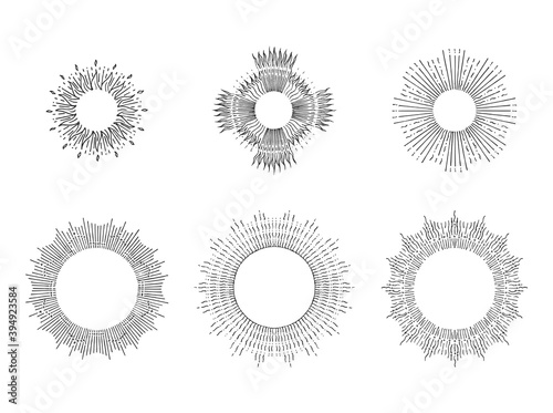 Sun rays linear drawings. Halos set in vector.