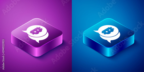 Isometric Cryptocurrency coin Bitcoin icon isolated on blue and purple background. Physical bit coin. Blockchain based secure crypto currency. Square button. Vector.