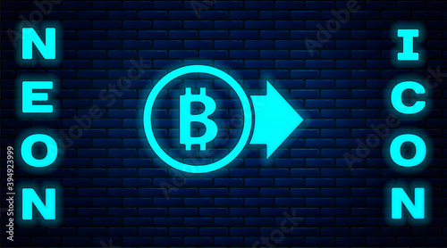 Glowing neon Cryptocurrency coin Bitcoin icon isolated on brick wall background. Physical bit coin. Blockchain based secure crypto currency. Vector.