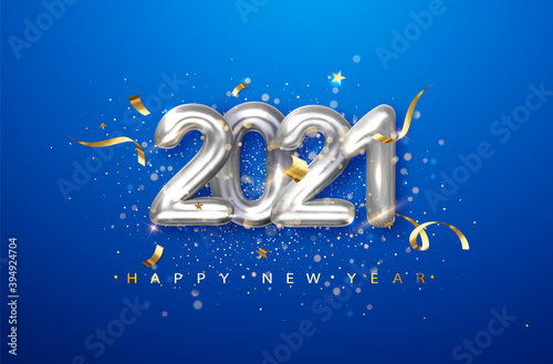 2021 silver metal numerals on a blue background. Holiday illustration with date 2021.