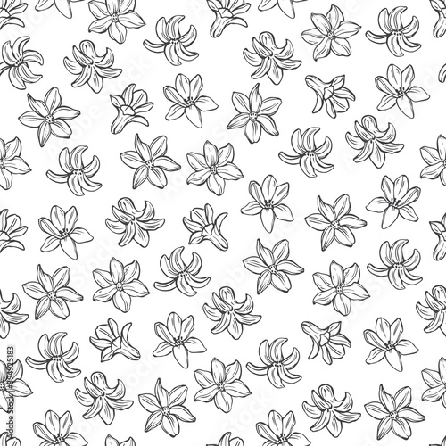 Seamless vector pattern with flowers on white. Floral abstract background. Perfect for design templates, wallpaper, wrapping, fabric and textile. Black and white. Outline.