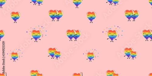 Rainbow hearts, seamless pattern for valentine's day lgbt, cartoon style, cute festive romantic background.