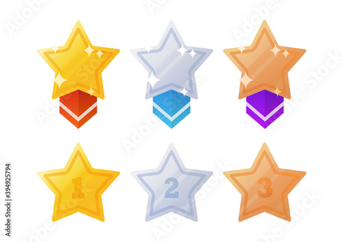 Collection of different star medal. Medal icon set isolated on white. Gold, silver and bronze badge with ribbons.