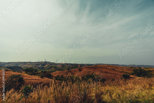 beautiful blue sky high peak mountains mist fog wildlife green forest at Khao Koh, Phu Tub Berk, Phetchabun, Thailand guiding idea long weekend for backpacker camping campfire relaxing hiking