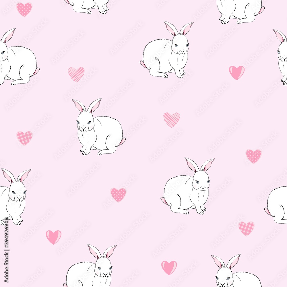 Seamless funny rabbits with hearts on pink. Print for fabric and clothes kids.