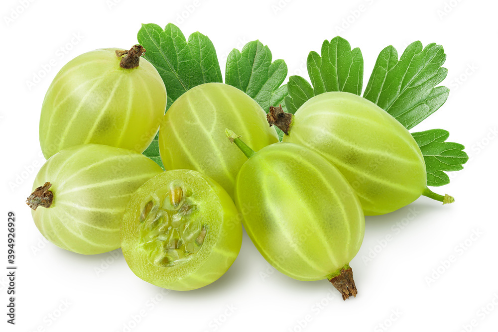 Green gooseberry with half isolated on white background with clipping path and full depth of field Green gooseberry with half isolated on white background with clipping path and full depth of field