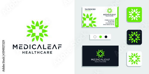 Nature leaf with plus sign medical healthcare logo icon and business card design template