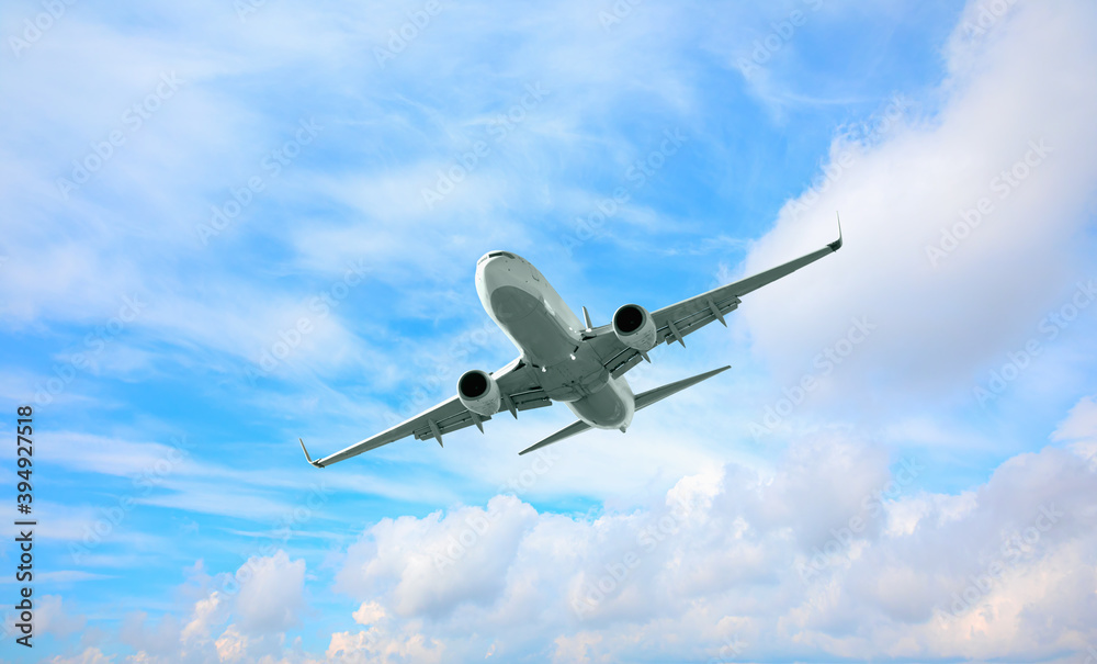 Obraz premium White passenger airplane over the clouds - Travel by air transport