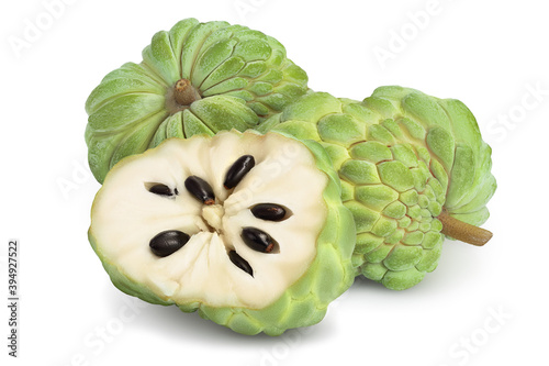 Sugar apple or custard apple isolated on white background with clipping path and full depth of field. Exotic tropical Thai annona or cherimoya fruit