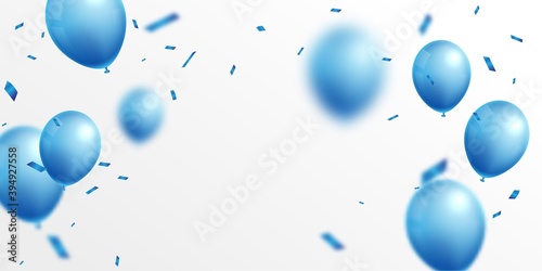 Birthday Celebrations banner with blue balloons and confetti