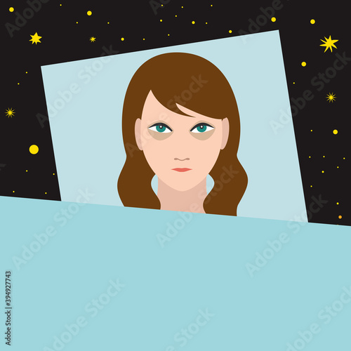 Woman with sleep problems and insomnia symptoms. Flat  illustration.