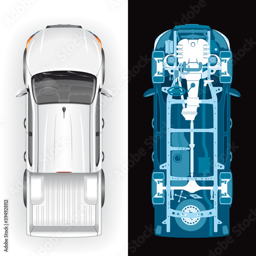 Top view of a white pickup SUV template and its diagnostic X-ray image with internal parts and mechanisms. (ID: 394928112)