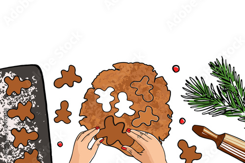 Christmas bakery. Woman making gingerbread, cutting cookies of gingerbread dough, view from above. Festive food, cooking process, family culinary. Christmas and New Year vector banner with empty space