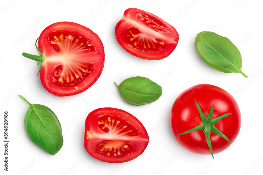 Naklejka premium Tomato slices with basil leaf isolated on white background. Clipping path. Top view with copy space for your text. Flat lay