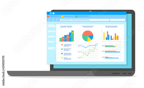 Table software computer screen with financial accounting data, database analytical business report. Laptop screen with audit investigation document with charts and graphs with a indicators description