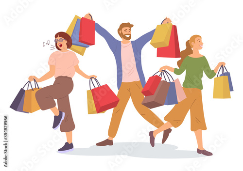 Group of people rejoicing with shopping bags in their hands. Man and women are picking up shopping bags on white background. Customers are buying gifts. Pastime before hollidays. Girl singing songs