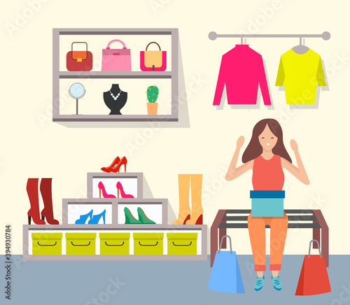 Young beautiful fashion shopper girl in the store. Female character is sitting on a bench with box on her knees. Woman shopping in the boutique. Selling clothes  accessories and shoes for clients