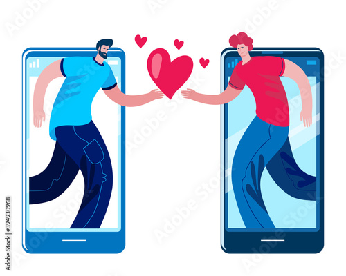 Two men declare their love to each other via smartphone. Dating and love in social networks. The concept of a vector illustration in a flat style.