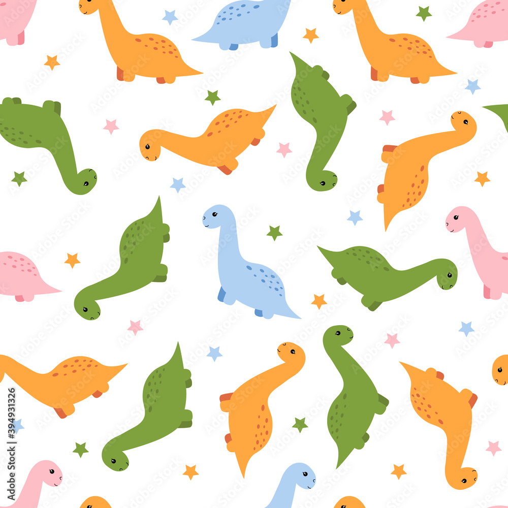 Seamless pattern with cute kawaii dinosaur. Vector illustration.	