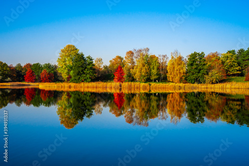 colorful autumn landscape with lake reflection