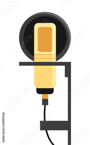 Professional studio microphone with pop filter on a special stand vector illustration flat design. Technology object sound recording equipment concept studio yellow microphone and black pop photo