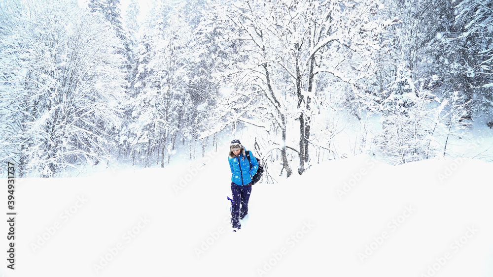 Woman with a sled goes alone along a snow covered winter forest