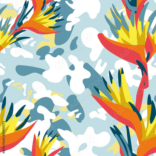 Exotic heliconia flowers and leaves pattern. Tropical jungle forest garden plants repeating print for backdrop, wallpaper, packaging, textile botanical design vector illustration