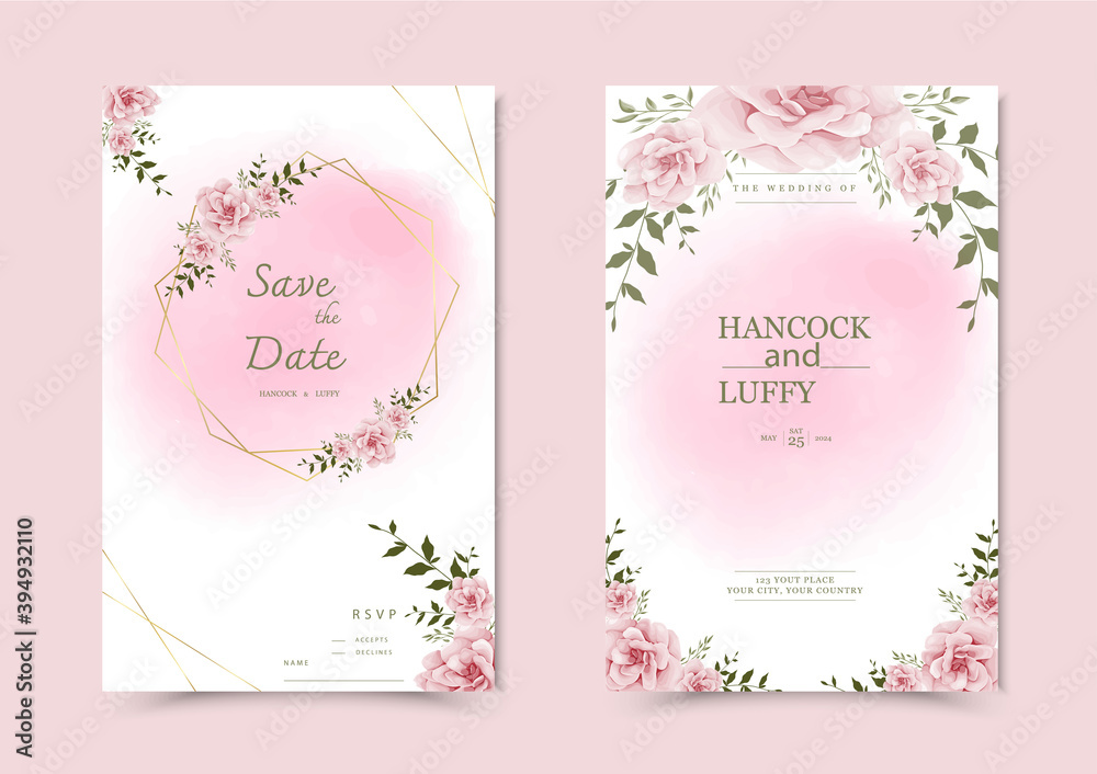  Beautiful background with watercolor floral wedding invitation card template.