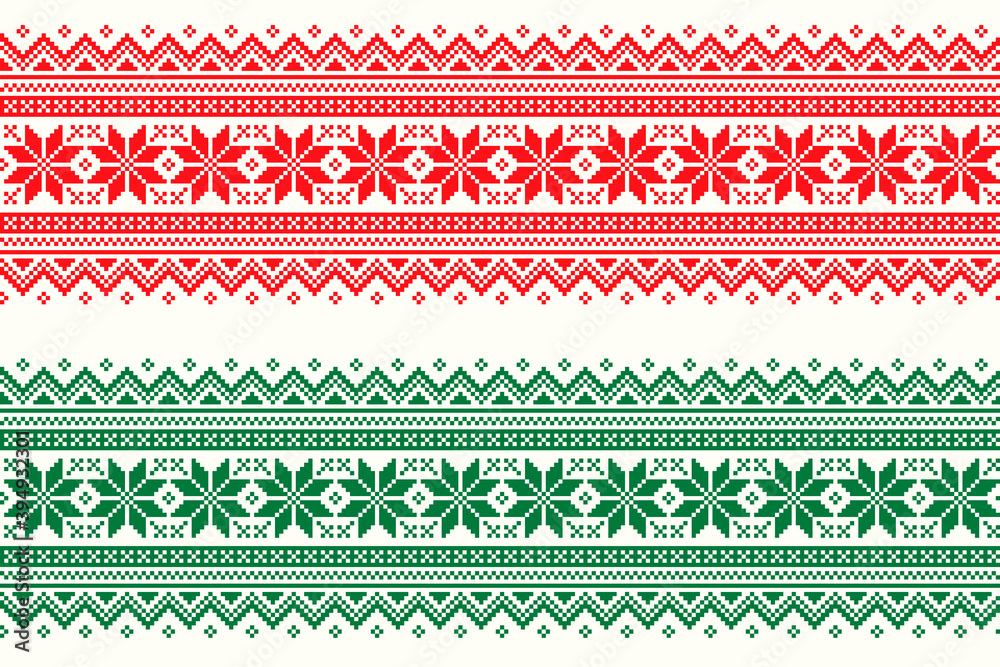 Christmas Holiday Pixel Pattern. Traditional Christmas Star Ornament. Scheme for Knitted Sweater Pattern Design. Seamless Vector Background.