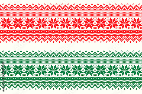 Christmas Holiday Pixel Pattern. Traditional Christmas Star Ornament. Scheme for Knitted Sweater Pattern Design. Seamless Vector Background.