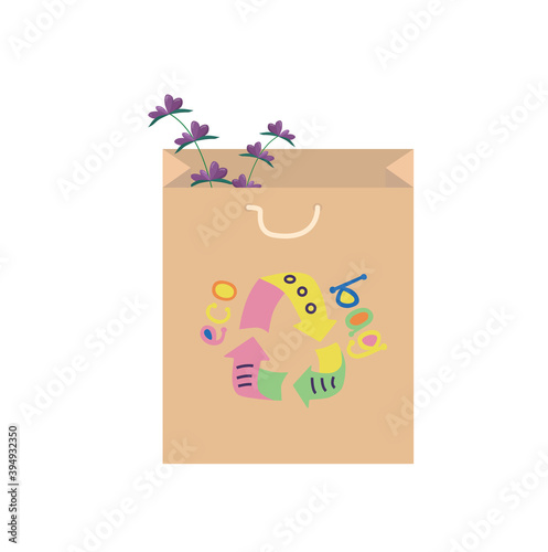 Recycle eco bag. Paper shopping bag with hand written sign. Vectpr stock illustration isolated on white background for print organic design.