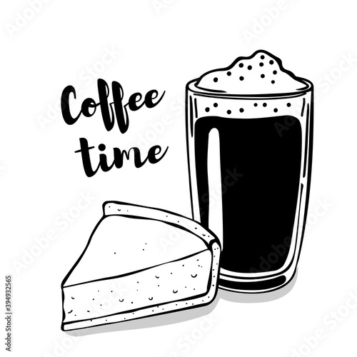 Illustration of a coffee drink with a piece of cheesecake. Isolated objects on a white background. Doodle style.