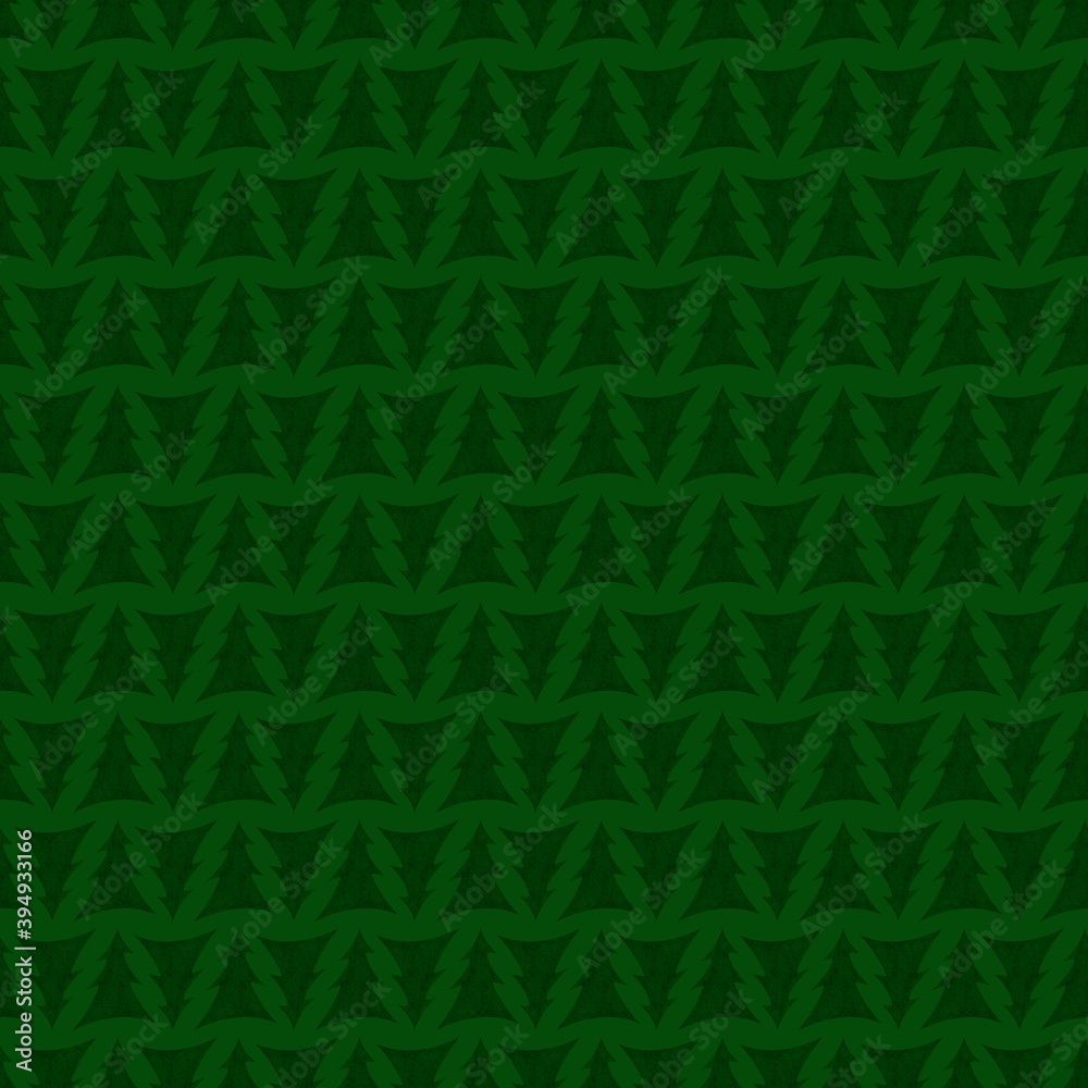 Seamless pattern New Years and Christmas dark green christmas tree on a green background, geometric, clear rows of doodle. 