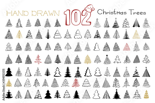 Hand Drawn Christmas Tree Icon Set Isolated on White Background