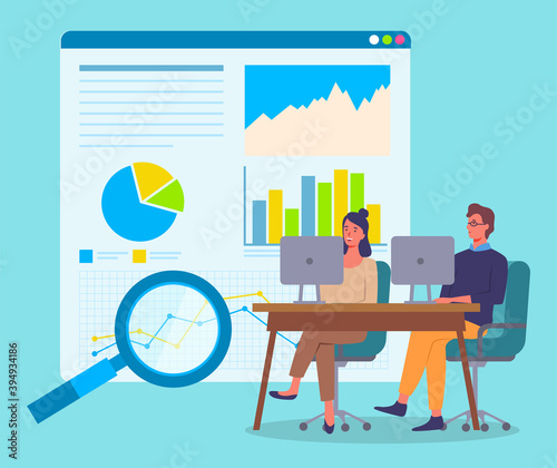 Office worker characters meeting concept. Businessman talking to colleagues sitting at the desk with laptop. Business people talking communicating, discussing project report with digital data charts