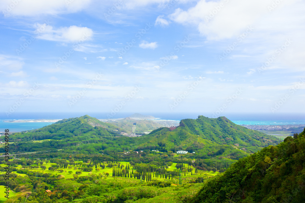 View of Oahu from top of Pali Lookout towards ocean