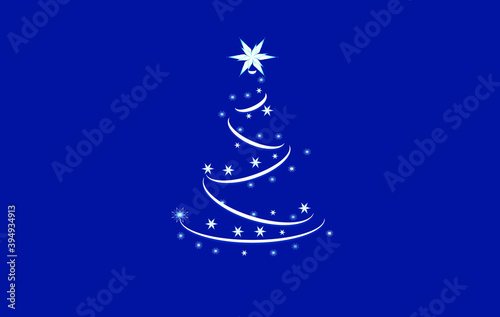 vector christmas tree. contour of a Christmas tree made of white lines with a white star on top and decorated with stars