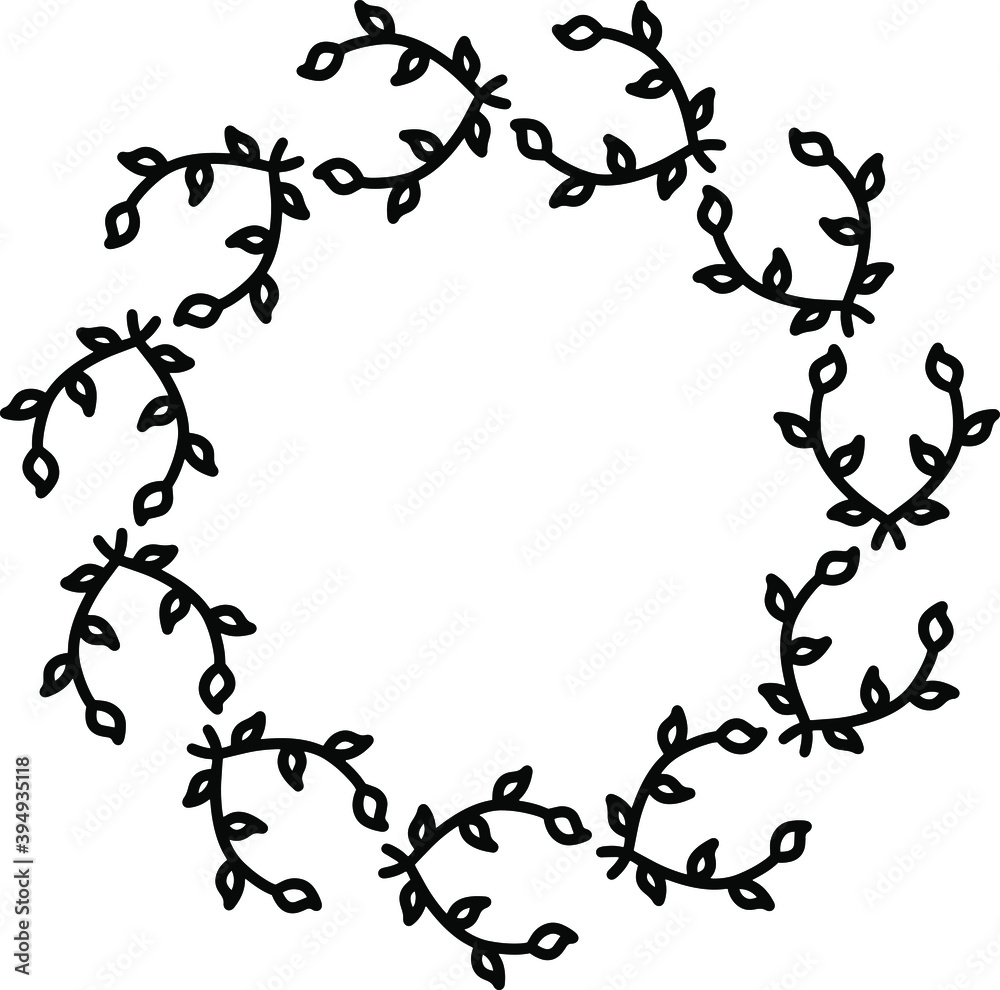 Cute simple wreath flower branch doodle style. Decorative christmas botanical element. Vector stock illustration. Pattern design in black white colors ui design element logo icon wedding celebration