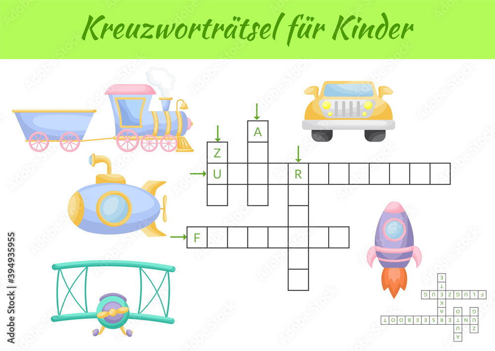 Fototapeta premium Kreuzworträtsel für Kinder - Crossword for kids. Crossword game with pictures. Kids game and activity worksheet printable version. Educational game for study German words. Vector stock illustration.