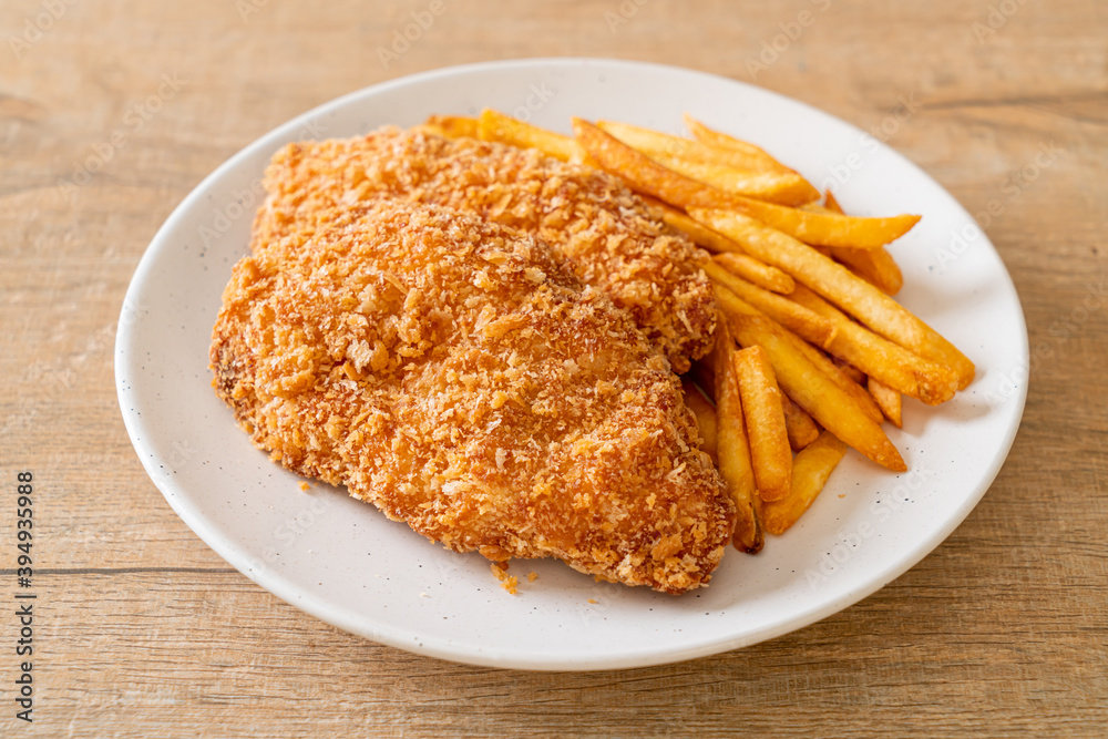 fried chicken breast fillet steak with french fries fried chicken breast fillet steak with french fries